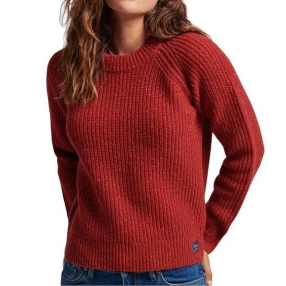 Superdry Tweed Ribbed Chunky Red Pullover - Picture 1 of 5